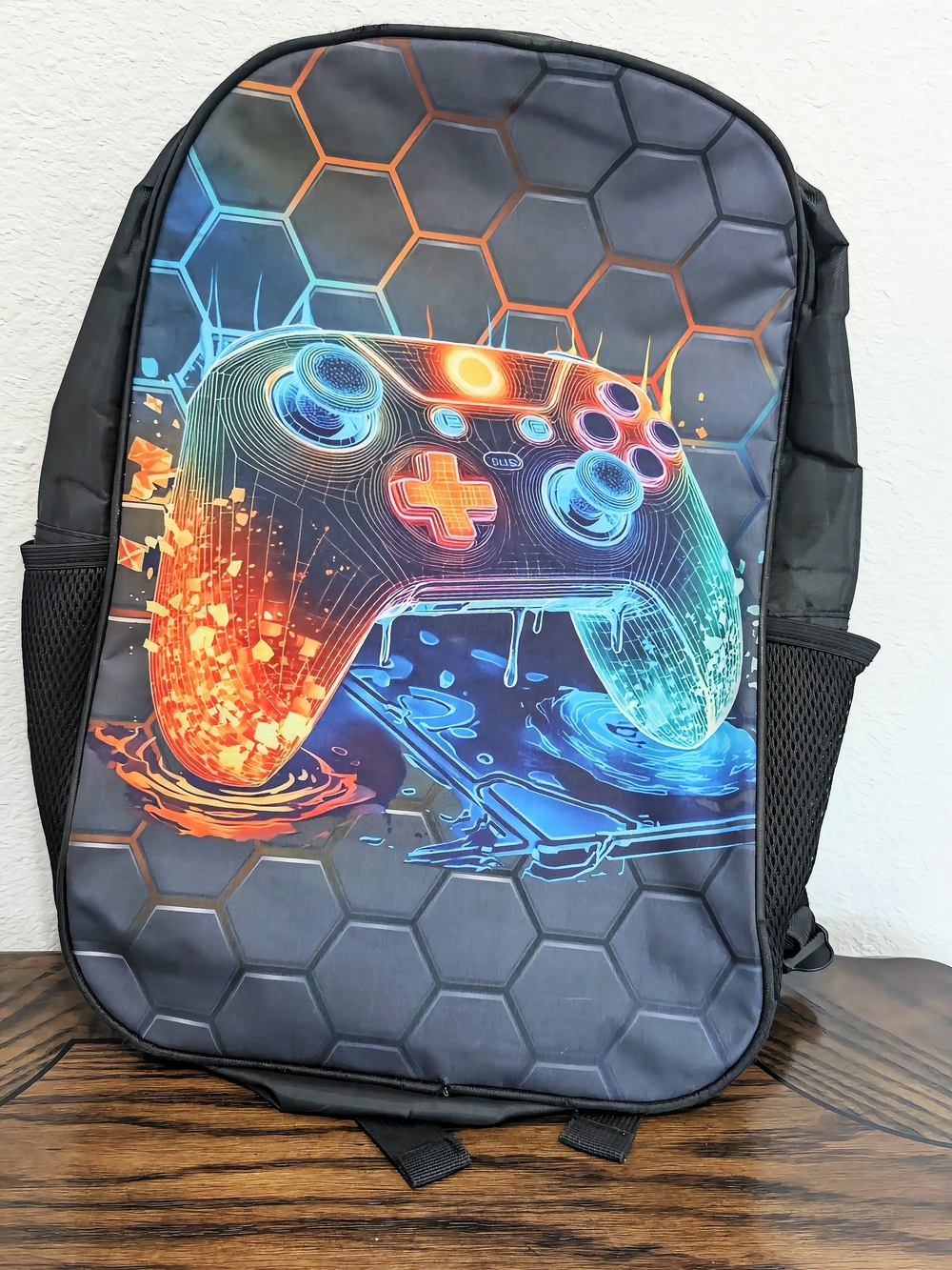 Gaming Controller Backpack - Black with Orange & Blue Controller Art